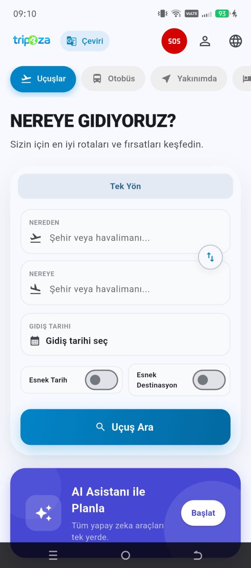 Tripoza Uçuşlar ekranı